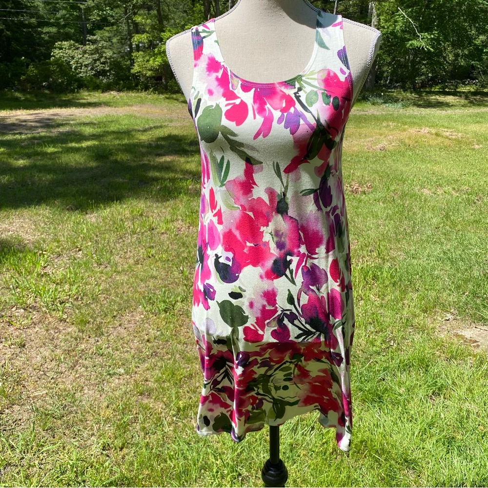 SALAAM DRESS MINI SLEEVELESS A-LINE CREAM PINK GREEN FLORAL USA SIZE S